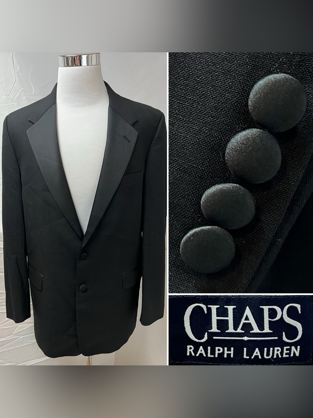 Men’s 44L Ralph Lauren Chaps Vintage Black Wool Satin Lapel Tuxedo Jacket